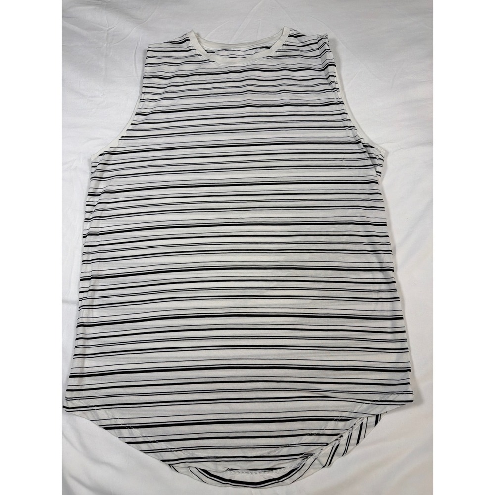 Lululemon Muscle Tank Top White Black Striped Sleeveless Curved Hem Workout
